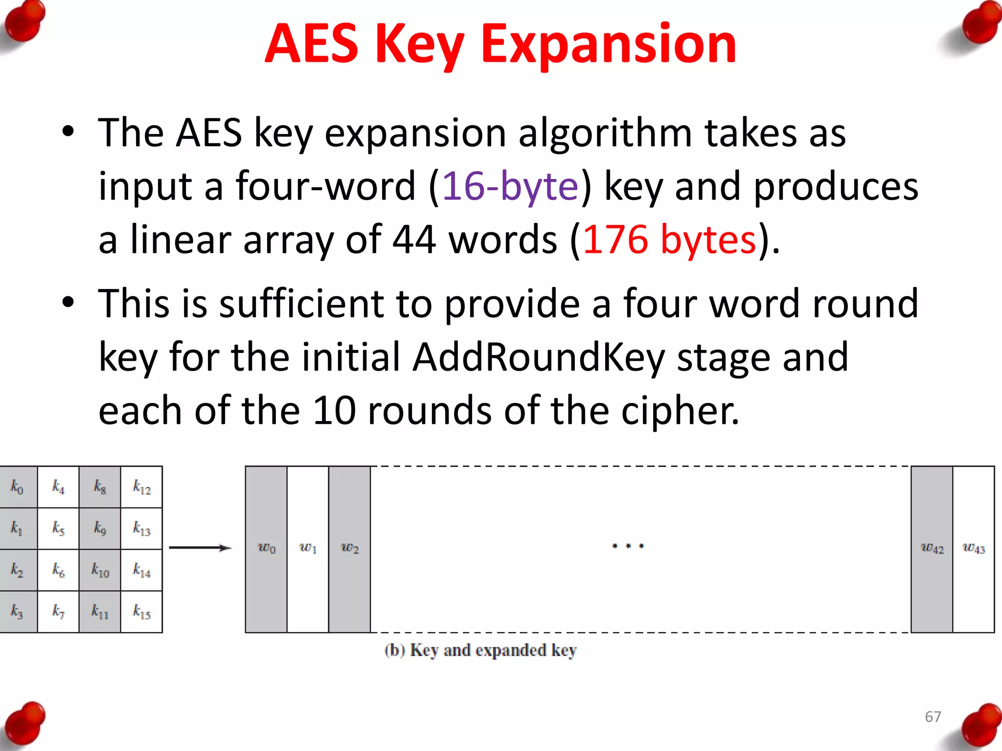 AES Key Expansion
• The AES key expansion algorithm takes as
input a four-word (16-byte) key and produces
a linear array of 44 words (176 bytes).
• This is sufficient to provide a four word round
key for the initial AddRoundKey stage and
each of the 10 rounds of the cipher.
67
 