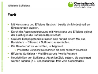 Effiziente Suffizienz


Fazit

§ Mit Konsistenz und Effizienz lässt sich bereits ein Mindestmaß an
  Einsparungen erzielen.
§ Durch die Auseinandersetzung mit Konsistenz und Effizienz gelingt
  der Einstieg in die Suffizienz-Bereitschaft.
§ Größere Einsparpotenziale lassen sich nur mit einem Mix aus
  Konsistenz + Effizienz + Suffizienz ausschöpfen.
§ Die Bereitschaft zu verzichten, ist begrenzt:
     à Priorität für Suffizienz-Maßnahmen mit einer hohen Wirksamkeit.
§ Effiziente Suffizienz = Viel Einsparung / wenig Verzicht
§ Neudefinition von Suffizienz: Attraktive Ziele setzen, die gesteigert
  werden können (z.B. Lebensqualität, freie Zeit, Geschmack)
 