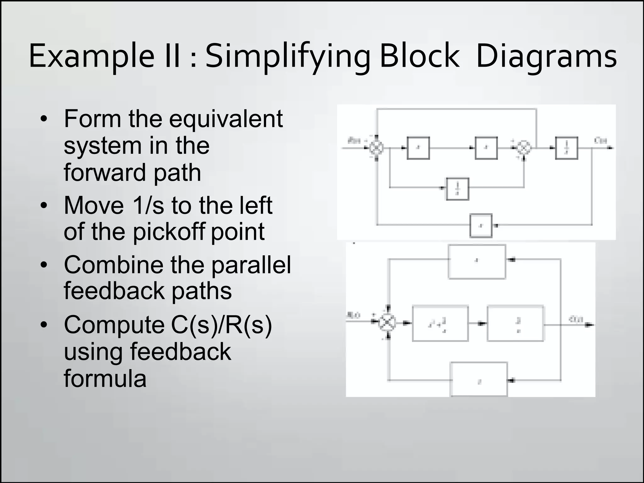 Example II : Simplifying Block Diagrams
• Form the equivalent
system in the
forward path
• Move 1/s to the left
of the pickoff point
• Combine the parallel
feedback paths
• Compute C(s)/R(s)
using feedback
formula
 