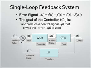 Single-Loop FeedbackSystem
Value
Output
Transducer
Desired+
-
Feedback
Signal
Controller Plant
Control
Signal
K(s) G(s)
H
d(t) e(t) u(t)
error
y(t)
f (t)
• Error Signal e(t)  d(t)  f (t)  d(t)  Ky(t)
• The goal of the Controller K(s) is:


To produce a control signal u(t) that
drives the ʻerrorʼ e(t) to zero
 