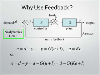 Why Use Feedback ?
e

 
K
u
unity feedback
G
y
controller plant
demand d output
Asensor
load
l
No dynamics
Here !
e  d  y, y  G(ul), u  Ke
So:
e  d  y  d G(u  l)  d G(Ke  l)
 