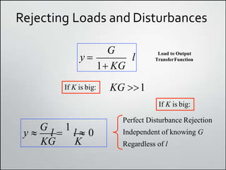 Rejecting Loads and Disturbances
l
y 
G
1 KG
Load to Output
TransferFunction
If K is big: KG 1
KG K
y 
G
l 
1
l  0
If K is big:
Perfect Disturbance Rejection
Independent of knowing G
Regardless of l
 