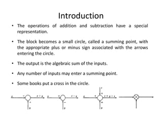 Introduction
• The operations of addition and subtraction have a special
representation.
• The block becomes a small circle, called a summing point, with
the appropriate plus or minus sign associated with the arrows
entering the circle.
• The output is the algebraic sum of the inputs.
• Any number of inputs may enter a summing point.
• Some books put a cross in the circle.
 