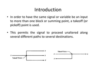 Introduction
• In order to have the same signal or variable be an input
to more than one block or summing point, a takeoff (or
pickoff) point is used.
• This permits the signal to proceed unaltered along
several different paths to several destinations.
 