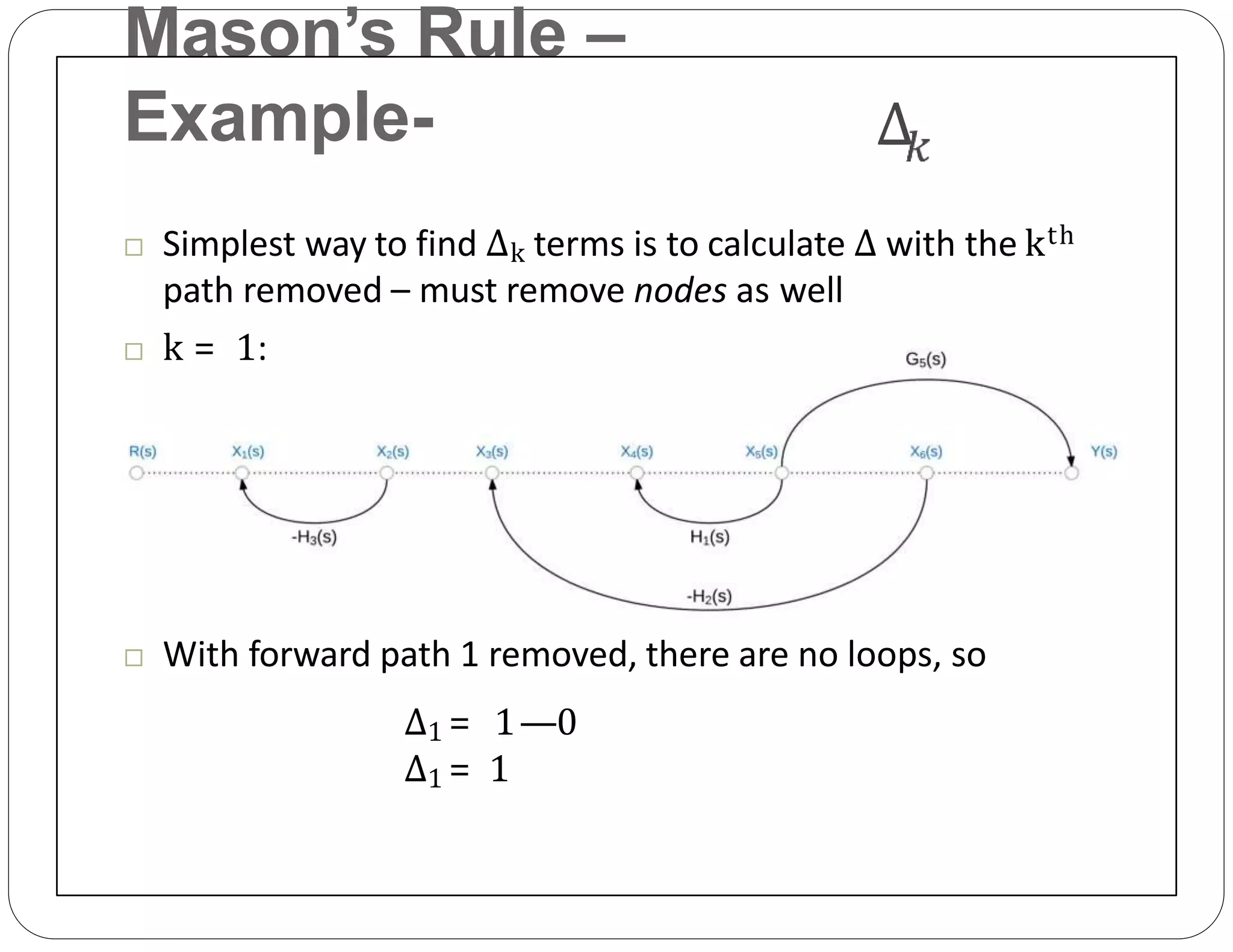 Mason’s Rule –
Example-
 Simplest way to find Δk terms is to calculate Δ with the kth
path removed – must remove nodes as well
 k = 1:
 With forward path 1 removed, there are no loops, so
Δ1 = 1—0
Δ1 = 1
 
