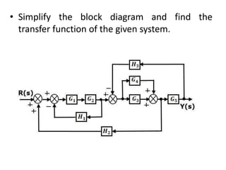 • Simplify the block diagram and find the
transfer function of the given system.
 