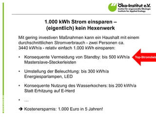 1.000 kWh Strom einsparen –
              (eigentlich) kein Hexenwerk
Mit gering investiven Maßnahmen kann ein Haushalt mit einem
durchschnittlichen Stromverbrauch - zwei Personen ca.
3440 kWh/a - relativ einfach 1.000 kWh einsparen:

•   Konsequente Vermeidung von Standby: bis 500 kWh/a   Top-Stromdieb
    Masterslave-Steckerleisten

•   Umstellung der Beleuchtung: bis 300 kWh/a
    Energiesparlampen, LED

•   Konsequente Nutzung des Wasserkochers: bis 200 kWh/a
    Statt Erhitzung auf E-Herd

•   …

è Kostenersparnis: 1.000 Euro in 5 Jahren!
 