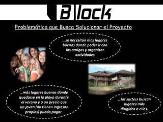 Problemática que Busca Solucionar el Proyecto … se necesitan más lugares buenos donde poder ir con los amigos y organizar actividades … más lugares buenos donde quedarse en la playa durante el verano y a un precio que un joven (no tienen ingresos propios) pueda pagar . … los surfers buscan lugares más dirigidos a ellos. 