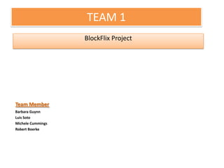 TEAM 1
                   BlockFlix Project




Team Member
Barbara Guynn
Luis Soto
Michele Cummings
Robert Boerke
 