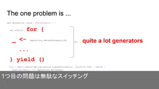 The one problem is ...
def delete(id: Long): Future[Unit] = {
val action = for {
_ <- repository.deleteCategory(id)
...
} yield ()
Try { Await.result(db.run(action.transactionally), Duration.Inf) } match {
case Success(_) => repository.writeLog()
case Failure(e) => Future.failed(e)
}
}
quite a lot generators
1つ目の問題は無駄なスイッチング
 