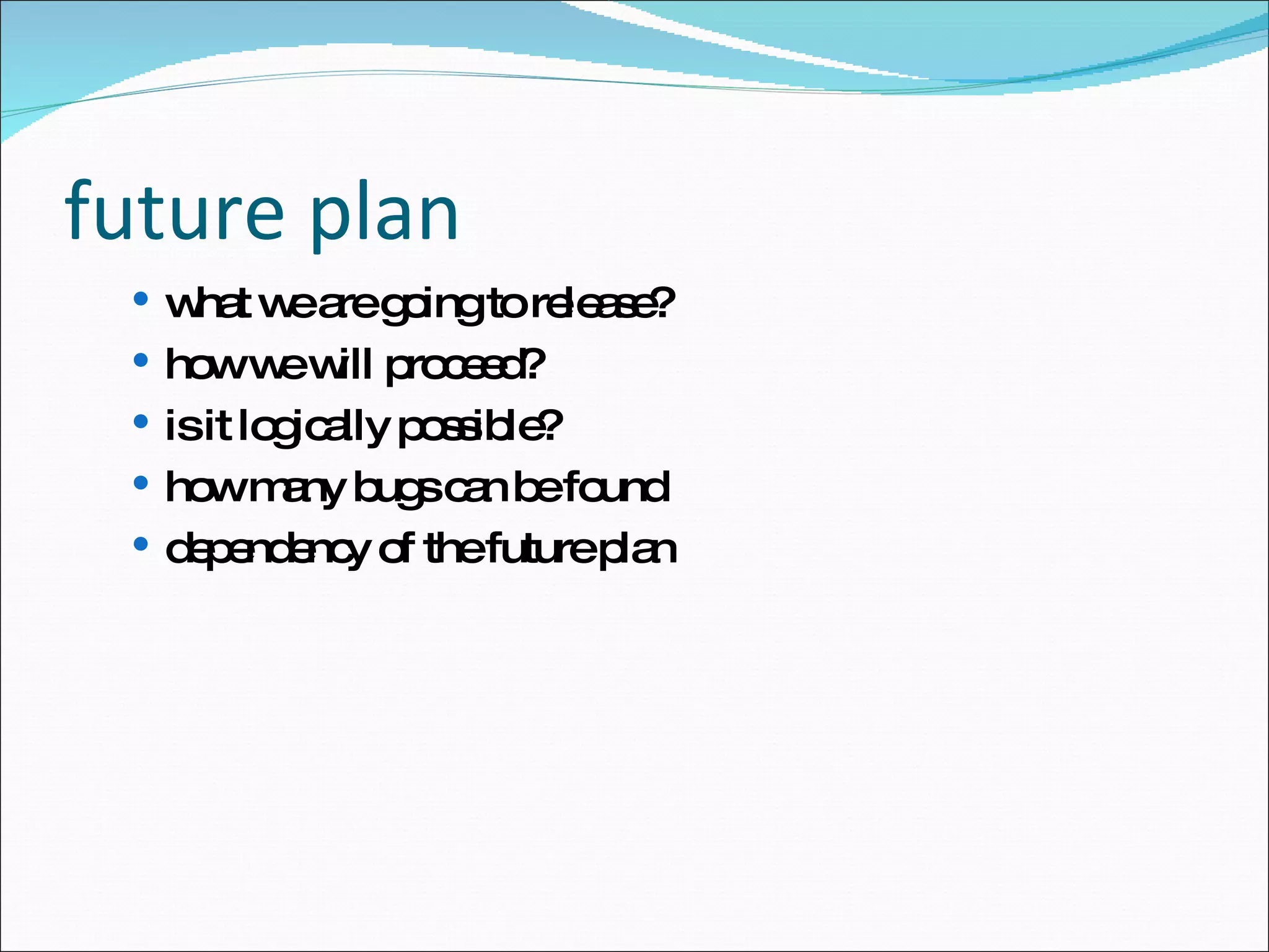 future plan what we are going to release? how we will proceed? is it logically possible? how many bugs can be found dependency of the future plan 