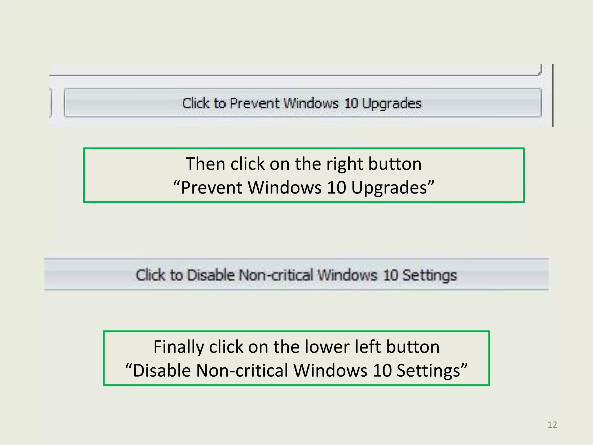 Then click on the right button
“Prevent Windows 10 Upgrades”
Finally click on the lower left button
“Disable Non-critical Windows 10 Settings”
12
 