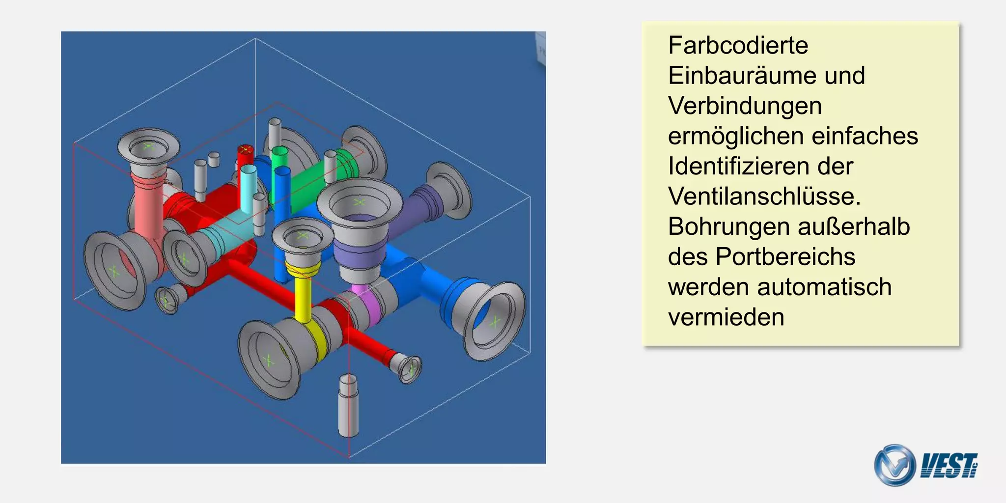 Color-coded cavities

                       Farbcodierte
                       Einbauräume und
                       Verbindungen
                       ermöglichen einfaches
                       Identifizieren der
                       Ventilanschlüsse.
                       Bohrungen außerhalb
                       des Portbereichs werden
                       automatisch vermieden




                                Manifold Design with MDTools® 740
 