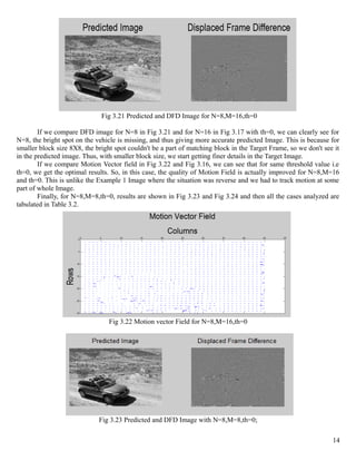 Fig 3.21 Predicted and DFD Image for N=8,M=16,th=0

        If we compare DFD image for N=8 in Fig 3.21 and for N=16 in Fig 3.17 with th=0, we can clearly see for
N=8, the bright spot on the vehicle is missing, and thus giving more accurate predicted Image. This is because for
smaller block size 8X8, the bright spot couldn't be a part of matching block in the Target Frame, so we don't see it
in the predicted image. Thus, with smaller block size, we start getting finer details in the Target Image.
        If we compare Motion Vector field in Fig 3.22 and Fig 3.16, we can see that for same threshold value i.e
th=0, we get the optimal results. So, in this case, the quality of Motion Field is actually improved for N=8,M=16
and th=0. This is unlike the Example 1 Image where the situation was reverse and we had to track motion at some
part of whole Image.
        Finally, for N=8,M=8,th=0, results are shown in Fig 3.23 and Fig 3.24 and then all the cases analyzed are
tabulated in Table 3.2.




                                 Fig 3.22 Motion vector Field for N=8,M=16,th=0




                             Fig 3.23 Predicted and DFD Image with N=8,M=8,th=0;

                                                                                                                 14
 
