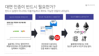 Confidential and Propriety. Copyright © 2020 BLOCKO. All rights reserved.
대면 인증이 반드시 필요한가?
반드시 실명이 아니어도 이용가능하고 계약도 가능한 것들이 나타났다.
놀랍게도 우리는 얼마전까지
포털사이트에서 주민등록번호를
입력해서 가입했다.
주민번호가 없더라도
안전하게 이용 가능한
인증 체계가 사용된다.
블록체인안에서는 이제
당신이 실제 누구인지 관심 없다.
당신의 주민번호 무엇인가? 당신은 가입 할 때 그 사람인가? 당신이 DID의 소유자인가?
 