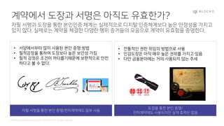 Confidential and Propriety. Copyright © 2020 BLOCKO. All rights reserved.
계약에서 도장과 서명은 아직도 유효한가?
자필 서명과 도장을 통한 본인인증 체계는 실제적으로 디지털 인증체계보다 높은 안정성을 가지고
있지 않다. 실제로는 계약을 체결한 다양한 행위 증거들의 모음으로 계약이 유효함을 증명한다.
자필 서명을 통한 본인 증명/전자계약에도 일부 사용
도장을 통한 본인 증명/
전자계약에도 사용되지만 실제 효력은 없음
• 전통적인 권한 위임의 방법으로 사용
• 인감도장은 아직 매우 높은 권위를 가지고 있음
• 다만 금융분야에는 거의 사용되지 않는 추세
• 서양에서부터 많이 사용된 본인 증명 방법
• 필적감정을 통하여 도장보다 높은 보안성 가짐
• 필적 감정은 조건이 까다롭기때문에 보편적으로 안전
하다고 볼 수 없다.
 