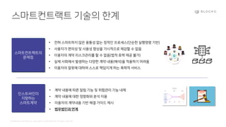 Confidential and Propriety. Copyright © 2020 BLOCKO. All rights reserved.
스마트컨트랙트 기술의 한계
• 전혀 스마트하지 않은 융통성 없는 정적인 프로세스(단순한 실행명령 기반)
• 사용자가 편의성 및 사용성 향상을 가시적으로 체감할 수 없음
• 이용자의 계약 리스크관리를 할 수 없음(법적 효력 제공 불가)
• 실제 사회에서 발생하는 다양한 계약 내용(해석)을 적용하기 어려움
• 이용자의 잘못에 대하여 스스로 책임지게 하는 폭력적 서비스
스마트컨트랙트의
문제점
인스트싸인이
지향하는
스마트계약
• 계약 내용에 따른 알림 기능 및 위험관리 기능 내제
• 계약 내용에 대한 정향화와 분석 이용
• 이용자의 계약내용 기반 해결 가이드 제시
• 법무법인과 연계
 