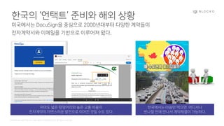 Confidential and Propriety. Copyright © 2020 BLOCKO. All rights reserved.
한국의 ‘언택트’ 준비와 해외 상황
미국에서는 DocuSign을 중심으로 2000년대부터 다양한 계약들이
전자계약서와 이메일을 기반으로 이루어져 왔다.
아마도 넓은 땅덩어리와 높은 교통 비용이
전자계약의 자연스러운 발전으로 이어진 것일 수도 있다.
한국에서는 마음만 먹으면 어디서나
반나절 안에 만나서 계약체결이 가능하다.
 