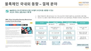 블록체인 국내외 동향 – 결제 분야
 IBM에서는 유니언 페이와 손잡고 로열티 포인트를 교환할 수 있는
포인트 거래소 설립 POC 수행 중
 항공 마일리지, 핸드폰 요금, 가스 카드 등 자주 거래가 일어나는 포인트에 시범 적용
 포인트 시스템의 사용처 확대 및 여러 당사자 간의 분쟁 없는 투명한 프로세스 정립 목적
 