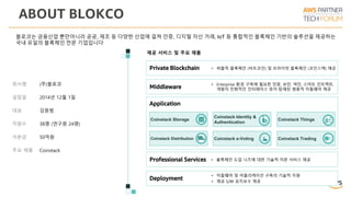 회사명
설립일
대표
주요 제품
직원수
(주)블로코
2014년 12월 1일
김원범
Coinstack
38명 (연구원 24명)
자본금 50억원
Private Blockchain
Middleware
Application
Professional Services
Deployment
• 퍼블릭 블록체인 (비트코인) 및 프라이빗 블록체인 (코인스택) 제공
• Enterprise 환경 구축에 필요한 인증, 보안, 색인, 스마트 컨트랙트,
개발자 친화적인 인터페이스 등이 탑재된 범용적 미들웨어 제공
• 블록체인 도입 니즈에 대한 기술적 자문 서비스 제공
• 미들웨어 및 어플리케이션 구축의 기술적 지원
• 제공 S/W 유지보수 제공
Coinstack Storage
Coinstack Identity &
Authentication
Coinstack Things
Coinstack Distribution Coinstack TradingCoinstack e-Voting
제공 서비스 및 주요 제품
블로코는 금융산업 뿐만아니라 공공, 제조 등 다양한 산업에 걸쳐 인증, 디지털 자산 거래, IoT 등 통합적인 블록체인 기반의 솔루션을 제공하는
국내 유일의 블록체인 전문 기업입니다
ABOUT BLOKCO
 