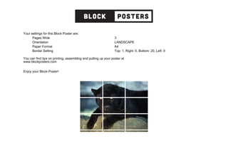 Your settings for this Block Poster are:
Pages Wide 3
Orientation LANDSCAPE
Paper Format A4
Border Setting Top: 1, Right: 0, Bottom: 20, Left: 0
You can find tips on printing, assembling and putting up your poster at
www.blockposters.com
Enjoy your Block Poster!
 