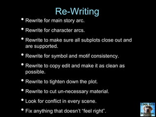 Re-Writing
• Rewrite for main story arc.
• Rewrite for character arcs.
• Rewrite to make sure all subplots close out and
a...