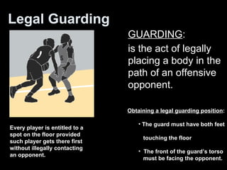 Legal Guarding ,[object Object],[object Object],[object Object],[object Object],[object Object],[object Object],[object Object],Every player is entitled to a spot on the floor provided such player gets there first without illegally contacting an opponent. 