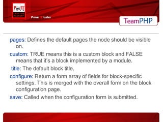 pages:   Defines the default pages the node should be visible on. custom:   TRUE means this is a custom block and FALSE means that it’s a block implemented by a module. title:   The default block title . configure:   Return a form array of fields for block-specific settings. This is merged with the overall form on the block configuration page. save:   Called when the configuration form is submitted.   