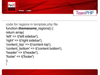 code for regions in template.php file function  themename _regions() { return array( 'left' => t('left sidebar'), 'right' => t('right sidebar'), 'content_top' => t('content top'), 'content_bottom' => t('content bottom'), 'header' => t('header'), 'footer' => t('footer') ); } 