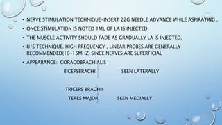 • NERVE STIMULATION TECHNIQUE-INSERT 22G NEEDLE ADVANCE WHILE ASPIRATING .
• ONCE STIMULATION IS NOTED 1ML OF LA IS INJECTED
• THE MUSCLE ACTIVITY SHOULD FADE AS GRADUALLY LA IS INJECTED.
• U/S TECHNIQUE. HIGH FREQUENCY , LINEAR PROBES ARE GENERALLY
RECOMMENDED(10-15MHZ) SINCE NERVES ARE SUPERFICIAL
• APPEARANCE: CORACOBRACHIALIS
BICEPSBRACHII SEEN LATERALLY
TRICEPS BRACHII
TERES MAJOR SEEN MEDIALLY
 
