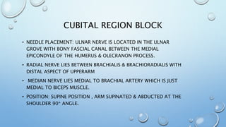 CUBITAL REGION BLOCK
• NEEDLE PLACEMENT: ULNAR NERVE IS LOCATED IN THE ULNAR
GROVE WITH BONY FASCIAL CANAL BETWEEN THE MEDIAL
EPICONDYLE OF THE HUMERUS & OLECRANON PROCESS.
• RADIAL NERVE LIES BETWEEN BRACHIALIS & BRACHIORADIALIS WITH
DISTAL ASPECT OF UPPERARM
• MEDIAN NERVE LIES MEDIAL TO BRACHIAL ARTERY WHICH IS JUST
MEDIAL TO BICEPS MUSCLE.
• POSITION: SUPINE POSITION , ARM SUPINATED & ABDUCTED AT THE
SHOULDER 90* ANGLE.
 