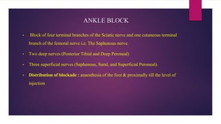 ANKLE BLOCK
• Block of four terminal branches of the Sciatic nerve and one cutaneous terminal
branch of the femoral nerve i.e. The Saphenous nerve.
• Two deep nerves (Posterior Tibial and Deep Peroneal)
• Three superficial nerves (Saphenous, Sural, and Superficial Peroneal).
• Distribution of blockade : anaesthesia of the foot & proximally till the level of
injection
 