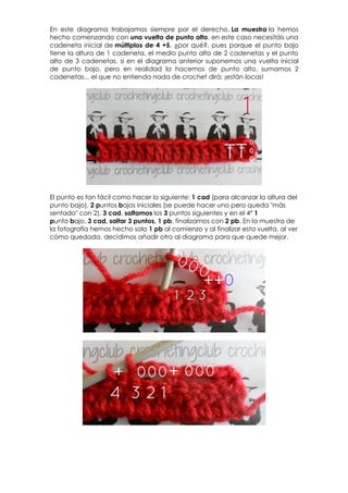 En este diagrama trabajamos siempre por el derecho. La muestra la hemos
hecho comenzando con una vuelta de punto alto, en este caso necesitáis una
cadeneta inicial de múltiplos de 4 +5, ¿por qué?, pues porque el punto bajo
tiene la altura de 1 cadeneta, el medio punto alto de 2 cadenetas y el punto
alto de 3 cadenetas, si en el diagrama anterior suponemos una vuelta inicial
de punto bajo, pero en realidad la hacemos de punto alto, sumamos 2
cadenetas... el que no entienda nada de crochet dirá: ¡están locas!




El punto es tan fácil como hacer lo siguiente: 1 cad (para alcanzar la altura del
punto bajo), 2 puntos bajos iniciales (se puede hacer uno pero queda "más
sentado" con 2), 3 cad, saltamos los 3 puntos siguientes y en el 4º 1
punto bajo, 3 cad, saltar 3 puntos, 1 pb, finalizamos con 2 pb. En la muestra de
la fotografía hemos hecho solo 1 pb al comienzo y al finalizar esta vuelta, al ver
cómo quedada, decidimos añadir otro al diagrama para que quede mejor.
 