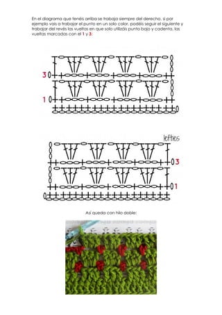 En el diagrama que tenéis arriba se trabaja siempre del derecho, si por
ejemplo vais a trabajar el punto en un solo color, podéis seguir el siguiente y
trabajar del revés las vueltas en que solo utilizáis punto bajo y cadenta, las
vueltas marcadas con el 1 y 3:




                            Así queda con hilo doble:
 