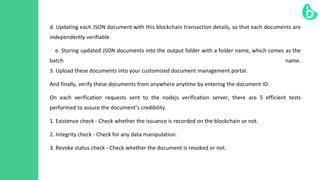 d. Updating each JSON document with this blockchain transaction details, so that each documents are
independently verifiab...