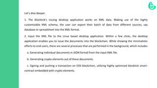 Let’s dive deeper.
1. The blocktick’s issuing desktop application works on XML data. Making use of the highly
customizable...