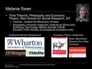 April 22, 2016
Temporality of the Future 1
Melanie Swan
 Time Theorist, Philosophy and Economic
Theory, New School for Social Research, NY
 Founder, Institute for Blockchain Studies
 Singularity University Instructor; Institute for Ethics and
Emerging Technology Affiliate Scholar; EDGE
Essayist; FQXi Advisor (Foundational Questions Inst)
Traditional Markets Background Economic Theory Leadership
http://www.amazon.com/Bitcoin-Blueprint-New-World-Currency/dp/1491920491
Book: Blockchain:
Blueprint for a New
Economy
 