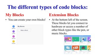The different types of code blocks:
My Blocks
• You can create your own blocks!
Extension Blocks
• At the bottom left of the screen.
These blocks let you connect to
hardware or access a number of
other block types like the pen, or
music blocks.
 