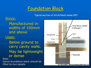 Foundation Block
Sizes:
Manufactured in
widths of 100mm
and above
Uses:
Below ground to
carry cavity walls.
May be lightweight
or dense
Typical section of brick/block below DPC.
Note:
Dense foundation block should be
lifted by two people
 
