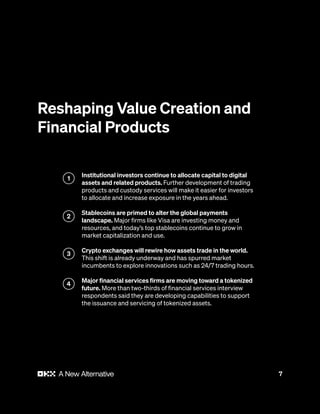 7
Reshaping Value Creation and
Financial Products
Institutional investors continue to allocate capital to digital
assets and related products. Further development of trading
products and custody services will make it easier for investors
to allocate and increase exposure in the years ahead.
Stablecoins are primed to alter the global payments
landscape. Major firms like Visa are investing money and
resources, and today’s top stablecoins continue to grow in
market capitalization and use.
Crypto exchanges will rewire how assets trade in the world.
This shift is already underway and has spurred market
incumbents to explore innovations such as 24/7 trading hours.
Major financial services firms are moving toward a tokenized
future. More than two-thirds of financial services interview
respondents said they are developing capabilities to support
the issuance and servicing of tokenized assets.
1
2
3
4
 
