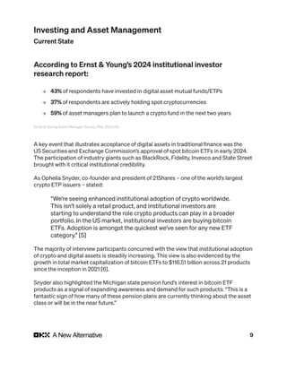9
According to Ernst & Young’s 2024 institutional investor
research report:
→ 43% of respondents have invested in digital asset mutual funds/ETPs
→ 37% of respondents are actively holding spot cryptocurrencies
→ 59% of asset managers plan to launch a crypto fund in the next two years
Ernst & Young Asset Manager Survey, May 2024 [4]
A key event that illustrates acceptance of digital assets in traditional finance was the
US Securities and Exchange Commission’s approval of spot bitcoin ETFs in early 2024.
The participation of industry giants such as BlackRock, Fidelity, Invesco and State Street
brought with it critical institutional credibility.
As Ophelia Snyder, co-founder and president of 21Shares – one of the world’s largest
crypto ETP issuers – stated:
“We’re seeing enhanced institutional adoption of crypto worldwide.
This isn’t solely a retail product, and institutional investors are
starting to understand the role crypto products can play in a broader
portfolio. In the US market, institutional investors are buying bitcoin
ETFs. Adoption is amongst the quickest we’ve seen for any new ETF
category.” [5]
The majority of interview participants concurred with the view that institutional adoption
of crypto and digital assets is steadily increasing. This view is also evidenced by the
growth in total market capitalization of bitcoin ETFs to $116.51 billion across 21 products
since the inception in 2021 [6].
Snyder also highlighted the Michigan state pension fund’s interest in bitcoin ETF
products as a signal of expanding awareness and demand for such products: “This is a
fantastic sign of how many of these pension plans are currently thinking about the asset
class or will be in the near future.”
Investing and Asset Management
Current State
 