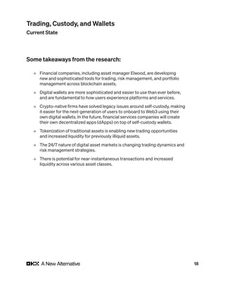 18
Some takeaways from the research:
→ Financial companies, including asset manager Elwood, are developing
new and sophisticated tools for trading, risk management, and portfolio
management across blockchain assets.
→ Digital wallets are more sophisticated and easier to use than ever before,
and are fundamental to how users experience platforms and services.
→ Crypto-native firms have solved legacy issues around self-custody, making
it easier for the next-generation of users to onboard to Web3 using their
own digital wallets. In the future, financial services companies will create
their own decentralized apps (dApps) on top of self-custody wallets.
→ Tokenization of traditional assets is enabling new trading opportunities
and increased liquidity for previously illiquid assets.
→ The 24/7 nature of digital asset markets is changing trading dynamics and
risk management strategies.
→ There is potential for near-instantaneous transactions and increased
liquidity across various asset classes.
Trading, Custody, and Wallets
Current State
 
