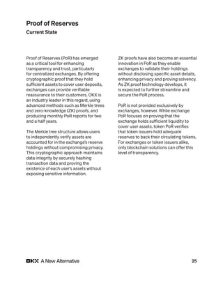 25
Proof of Reserves (PoR) has emerged
as a critical tool for enhancing
transparency and trust, particularly
for centralized exchanges. By offering
cryptographic proof that they hold
sufficient assets to cover user deposits,
exchanges can provide verifiable
reassurance to their customers. OKX is
an industry leader in this regard, using
advanced methods such as Merkle trees
and zero-knowledge (ZK) proofs, and
producing monthly PoR reports for two
and a half years.
The Merkle tree structure allows users
to independently verify assets are
accounted for in the exchange’s reserve
holdings without compromising privacy.
This cryptographic approach maintains
data integrity by securely hashing
transaction data and proving the
existence of each user’s assets without
exposing sensitive information.
ZK proofs have also become an essential
innovation in PoR as they enable
exchanges to validate their holdings
without disclosing specific asset details,
enhancing privacy and proving solvency.
As ZK proof technology develops, it
is expected to further streamline and
secure the PoR process.
PoR is not provided exclusively by
exchanges, however. While exchange
PoR focuses on proving that the
exchange holds sufficient liquidity to
cover user assets, token PoR verifies
that token issuers hold adequate
reserves to back their circulating tokens.
For exchanges or token issuers alike,
only blockchain solutions can offer this
level of transparency.
Proof of Reserves
Current State
 
