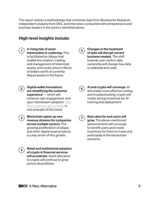 3
High-level insights include:
A rising tide of asset
tokenization is underway. This
is facilitated by dApps that
enable the creation, trading,
and management of tokenized
assets, and could unlock trillions
of dollars worth of currently
illiquid assets in the future.
Changes in the treatment
of data will disrupt current
business models. The shift
towards user-centric data
ownership will change how data
is collected and used.
Digital wallet innovations
are simplifying the customer
experience — which will
enhance user engagement, and
spur mainstream adoption. OKX
Pay’s practical self custody is
one example of this trend.
AI and crypto will converge. AI
will enable more effective coding
and troubleshooting; crypto will
create strong incentives for AI
training and deployment.
Blockchain opens up new
revenue streams for companies
across multiple sectors. The
growing proliferation of dApps
and other digital asset products
is a key driver of this growth.
Real value for end users will
grow. The above-mentioned
advancements will converge
to benefit users and create
incentives for them to invest and
participate in the blockchain
economy.
Retail and institutional adoption
of crypto in financial services
will accelerate. Asset allocation
to crypto will continue to grow
across all portfolios.
1
2
3
4
5
6
7
The report utilizes a methodology that combines data from Blockworks Research,
independent analysis from OKX, and interviews conducted with entrepreneurs and
business leaders in the sectors identified above.
 