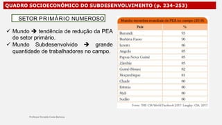 QUADRO SOCIOECONÔMICO DO SUBDESENVOLVIMENTO (p. 234-253)
 Mundo  tendência de redução da PEA
do setor primário.
 Mundo Subdesenvolvido  grande
quantidade de trabalhadores no campo.
SETOR PRIMÁRIO NUMEROSO
 