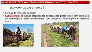 QUADRO SOCIOECONÔMICO DO SUBDESENVOLVIMENTO (p. 234-253)
 Formas de produção agrícola:
 Subsistência: pequenas propriedades situadas nos piores solos com baixo uso
de tecnologia e baixa produtividade com produção voltada para o mercado
interno.
ECONOMIA DE BASE RURAL
 