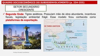 QUADRO SOCIOECONÔMICO DO SUBDESENVOLVIMENTO (p. 234-253)
 Segunda Onda: Tigres asiáticos. Possuíam mão de obra abundante, incentivos
fiscais, legislação ambiental frágil. Esse modelo ficou conhecido como
plataformas de exportação.
SETOR SECUNDÁRIO
CRESCENTE
 
