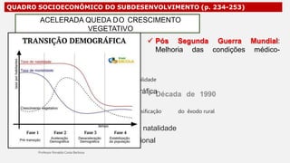 QUADRO SOCIOECONÔMICO DO SUBDESENVOLVIMENTO (p. 234-253)
 Pós Segunda Guerra
Melhoria das condições
Mundial:
médico-
ACELERADA QUEDA DO CRESCIMENTO
VEGETATIVO
• sanitárias (Revolução Sanitária)
 Queda da taxa de mortalidade
 Explosão demográfica
 Década de 1990: Intensificação do êxodo rural
(urbanização)
 Queda da taxa de natalidade
 Controle populacional
 