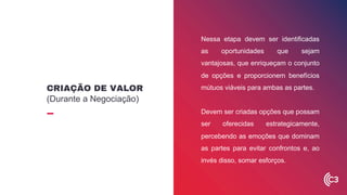 Nessa etapa devem ser identificadas
as oportunidades que sejam
vantajosas, que enriqueçam o conjunto
de opções e proporcionem benefícios
mútuos viáveis para ambas as partes.
Devem ser criadas opções que possam
ser oferecidas estrategicamente,
percebendo as emoções que dominam
as partes para evitar confrontos e, ao
invés disso, somar esforços.
CRIAÇÃO DE VALOR
(Durante a Negociação)
 