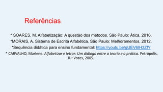 * SOARES, M. Alfabetização: A questão dos métodos. São Paulo: Ática, 2016.
*MORAIS, A. Sistema de Escrita Alfabética. São Paulo: Melhoramentos, 2012.
*Sequência didática para ensino fundamental: https://youtu.be/gUEV6IH3ZfY
* CARVALHO, Marlene. Alfabetizar e letrar: Um diálogo entre a teoria e a prática. Petrópolis,
RJ: Vozes, 2005.
Referências:
 